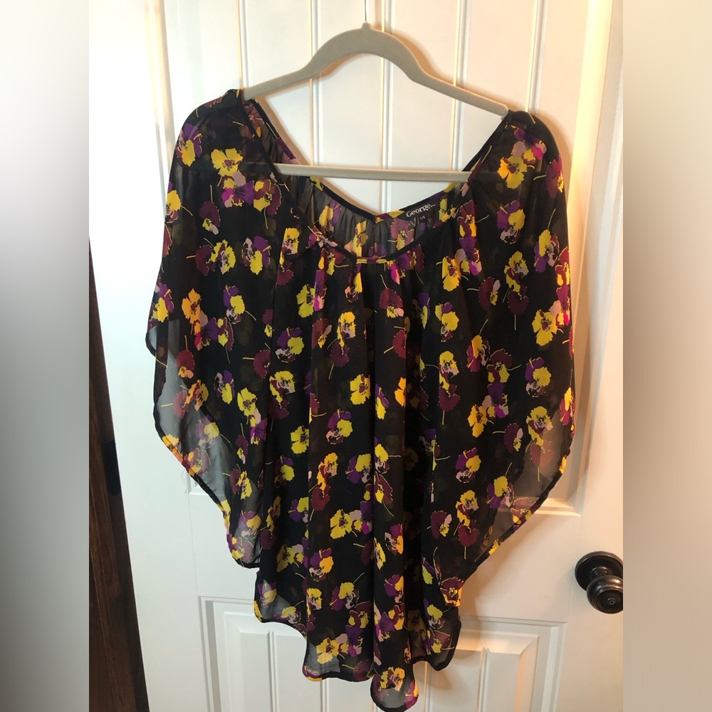 George Black Sheer Floral Blouse with Yellow & Purple Accents
